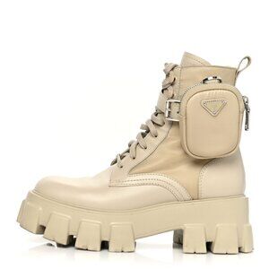 Prada Monolith Platform Combat Boots Re-nylon Leather In Deserto Pouch Pockets